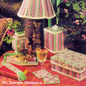 Vintage Plastic Canvas Pattern Book PDF • Plastic Canvas Lamp Shade Tissue Box Cover Pattern • Flower Coaster Bookmark Home Decor Decoration