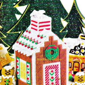 Livre de motifs vintage sur toile en plastique au format PDF • Couverture de boîte de mouchoirs en pain d'épice de Noël Modèles de toile en plastique pour Noël Maison de poupée Boutique jouet