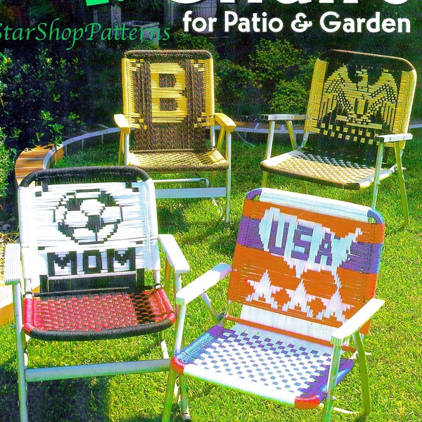 Macrame stoelen • Vintage Macrame Patio Lawn Chair patroonboek PDF • Opklapbaar terrasmeubilair Sport Alfabet Boerderij Motor Auto Voetbal Moeder