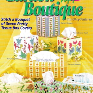 Vintage Plastic Canvas Pattern Book PDF • Plastic Canvas Tissue Box Cover Pattern • Flower Floral Home Decor Pennsylvania Dutch Rose Violet