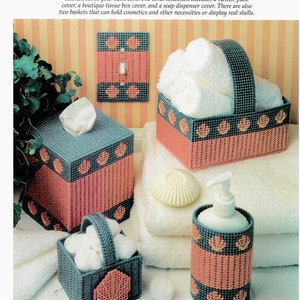 Vintage Plastic Canvas Pattern Book PDF • Bathroom Plastic Canvas Patterns Seashell Tissue Box Cover Sea Shell Mini Basket Ocean Soap Cover