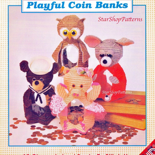 Vintage Plastic Canvas Pattern Book PDF • Animal Piggy Bank Coin Plastic Canvas Patterns • Kid's Baby Toy Doll Bear Kitty Cat Puppy Dog Pig