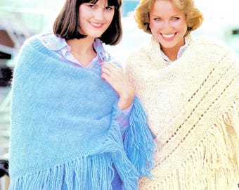 1970s Shawl Knitting Pattern PDF • Easy Beginner Shawl, Fringe Triangle Wrap, Bulky Yarn • 1976