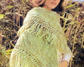 1970s Shawl Knitting Pattern PDF • Easy Beginner Triangle Shawl, Garter Stitch,  Bulky Yarn • 1978