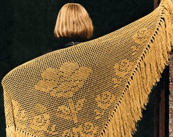 1970s Shawl Crochet Pattern PDF • Filet Crochet, Fringed Triangle Wrap, Light Fingering Yarn • 1976