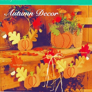 Vintage Plastic Canvas Pattern Book PDF • Autumn Leaves Plastic Canvas Pattern Fall Maple Oak Leaf Swag Acorn Halloween Pumpkin Plant Decor