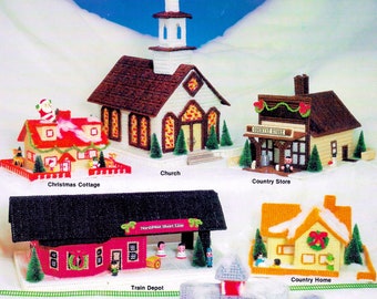 Vintage Plastic Canvas Pattern Book PDF Ebook Christmas Village Plastic Canvas Train Barn Town Xmas Church Cottage Cabin Doll House Shop Toy