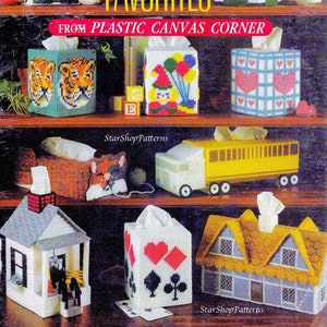 Vintage Plastic Canvas Pattern Book PDF • Dollhouse Doll House Cottage Tissue Box Cover Plastic Canvas Pattern Town Village Cow Reindeer Cat