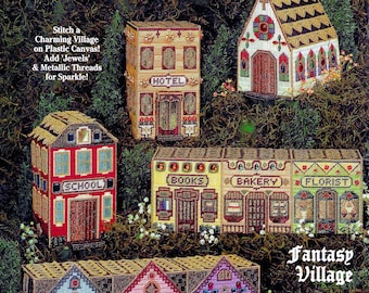Vintage Plastic Canvas Pattern Book PDF • Christmas Village Town Xmas Church Cottage Cabin Doll House Shop Toy Bakery Hotel School Townhouse