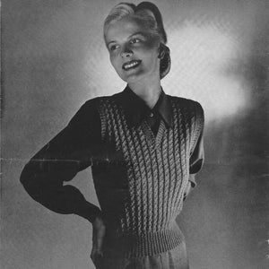 May include: A black and white photograph of a woman wearing a sleeveless knitted pullover with a V-neck. The pullover has a textured pattern and is worn over a collared shirt. The photo is from a vintage knitting pattern book and includes the text "SLEEVELESS PULLOVER No. 5219 [16]".