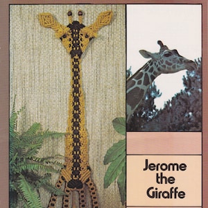 Puede incluir: Un tapiz de macramé de color marrón y amarillo con forma de jirafa con un borla negra. La jirafa está colgada en una pared con una planta de helecho en el fondo. El texto "Jerome the Giraffe" está impreso sobre un fondo marrón y rosa.