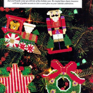 Vintage Plastic Canvas Pattern PDF Download Christmas Ornament Magnet Xmas Santa Snowman Tree Wreath Toy Soldier Train Bear Elf Reindeer