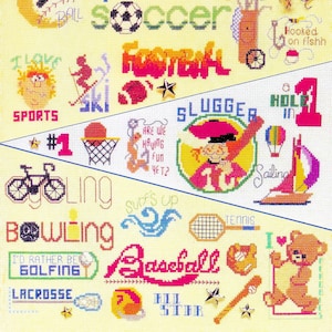 Sports Cross Stitch Pattern Book PDF • Vintage Easy Beginner Mini Cross Stitch Pattern Sampler • Baseball Basketball Golf Tennis Soccer Ski
