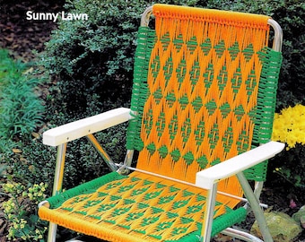 Sunny Lawn Chair • 1980s Macrame Patio Chairs Folding Deck Furniture Sports Ottoman • Pattern PDF Book Booklet • 70s Vintage Books