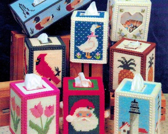 Vintage Tissue Box Cover Plastic Canvas Pattern Book PDF • Plastic Canvas Tissue Box Cover Pattern eBook Santa Christmas Xmas Flower Floral