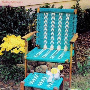 May include: A turquoise and white rope chair and matching footstool with a woven pattern. The chair and footstool are outdoors on a brick patio with a pitcher of lemonade and two glasses of lemonade on the footstool. The text "River Ripples" is at the bottom of the image.