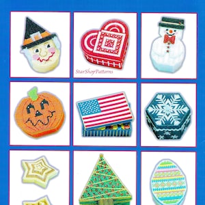 Vintage Plastic Canvas Pattern Book PDF • Christmas Gift Box Xmas Tree Box Halloween Snowman USA Flag Easter Egg Pumpkin Snowflake Heart