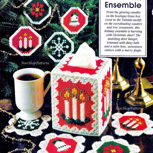 Vintage Plastic Canvas Pattern Book PDF • Christmas Ornament Plastic Canvas Pattern • Candle Xmas Tissue Box Cover Coaster Noel Door Hanger