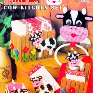 Libro de patrones de lona de plástico de vaca vintage PDF • Patrones de lona de plástico para cubierta de caja de tejido de vaca • Posavasos con poke de planta clave Imán para carrito de servilletas