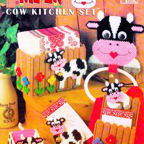 Vintage Cow Plastic Canvas Pattern Book PDF • Cow Tissue Box Cover Plastic Canvas Patterns • Key Plant Poke Coasters Napkin Caddy Magnet
