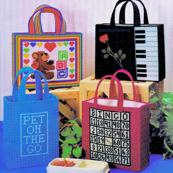 Vintage Plastic Canvas Pattern Book PDF • Plastic Canvas Tote Bag Patterns • Plastic Canvas Purse Mini Bag Book Bag Library Bag Pattern PDF