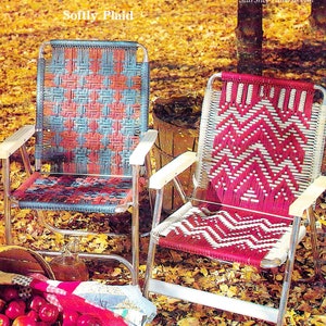 May include: Two woven chairs with a plaid pattern in blue and red and a geometric pattern in red and white. The chairs are sitting on a bed of fallen leaves. The text "Softly Plaid" and "Norwegian Winter" are visible in the image.