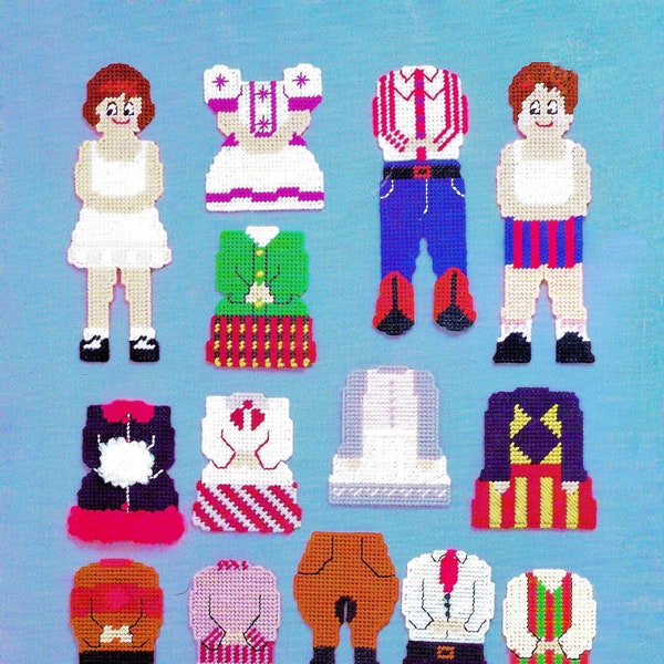 Vintage Plastic Canvas Pattern Book PDF • Boy Doll Girl Doll Toy Dress Up Paper Doll Clothes Clothing Plastic Canvas Patterns Booklet eBook