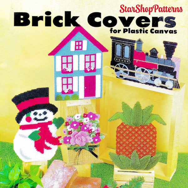 Vintage Plastic Canvas Pattern Book PDF • Brick Cover Pattern • Winter Snowman House Train Pineapple Santa's Sleigh Firetruck Flower Panda