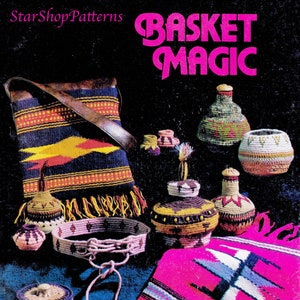 May include: A collection of colourful woven baskets and bags with geometric patterns. The image includes a pink and blue rug, a brown leather bag with a strap, and a variety of baskets in different shapes and sizes. The title "Basket Magic" is displayed in pink letters on a black background.
