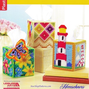 Vintage Plastic Canvas Tissue Box Cover Pattern Book PDF • Christmas Plastic Canvas Pattern • Xmas Easter Piano Cat Lighthouse Birdhouse