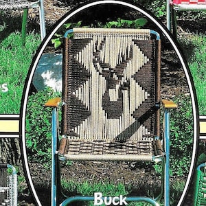 May include: A brown and white woven chair with a metal frame. The chair is sitting on a green grassy surface. The text "Buck page 19" is printed below the chair.
