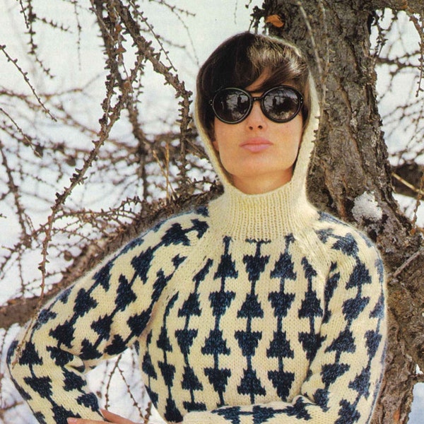 North South Sweater • 1960s Hooded Pullover Pattern • Vintage Fair Isle Ski Skiing Jumper Knitting Patterns • Retro Brunswick 657 Knit PDF