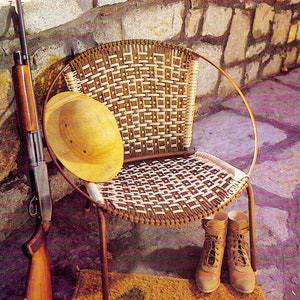 May include: A woven wicker chair with a brown and white pattern, a straw hat, and brown leather boots. The chair is sitting in front of a stone wall. The text "Sit in a Circle" is visible in the image.