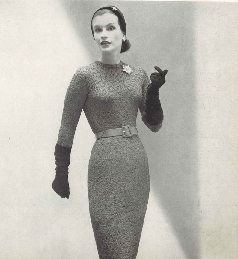 Slim Silhouette Classic • 1950s Long Sleeve Wedding Bridal Engagement Dress Patterns • 50s vintage Knitting Pattern Women's Knit Digital PDF image 1