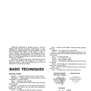 May include: A black and white page from a weaving book with the title "Creative Weaving". The page includes a glossary of weaving terms and diagrams of different weaving knots, including the "Horizontal Double Half Hitch", "Overhand Knot", and "Larkshead".