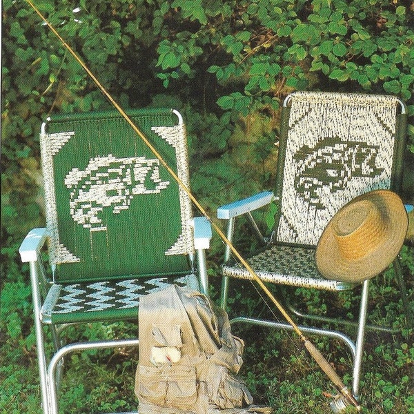 Large Mouth Bass Macrame Lawn Chair • 1980s Macrame Patio Chairs Fish Fishing Folding Deck Furniture • Pattern PDF Book Booklet 70s Vintage