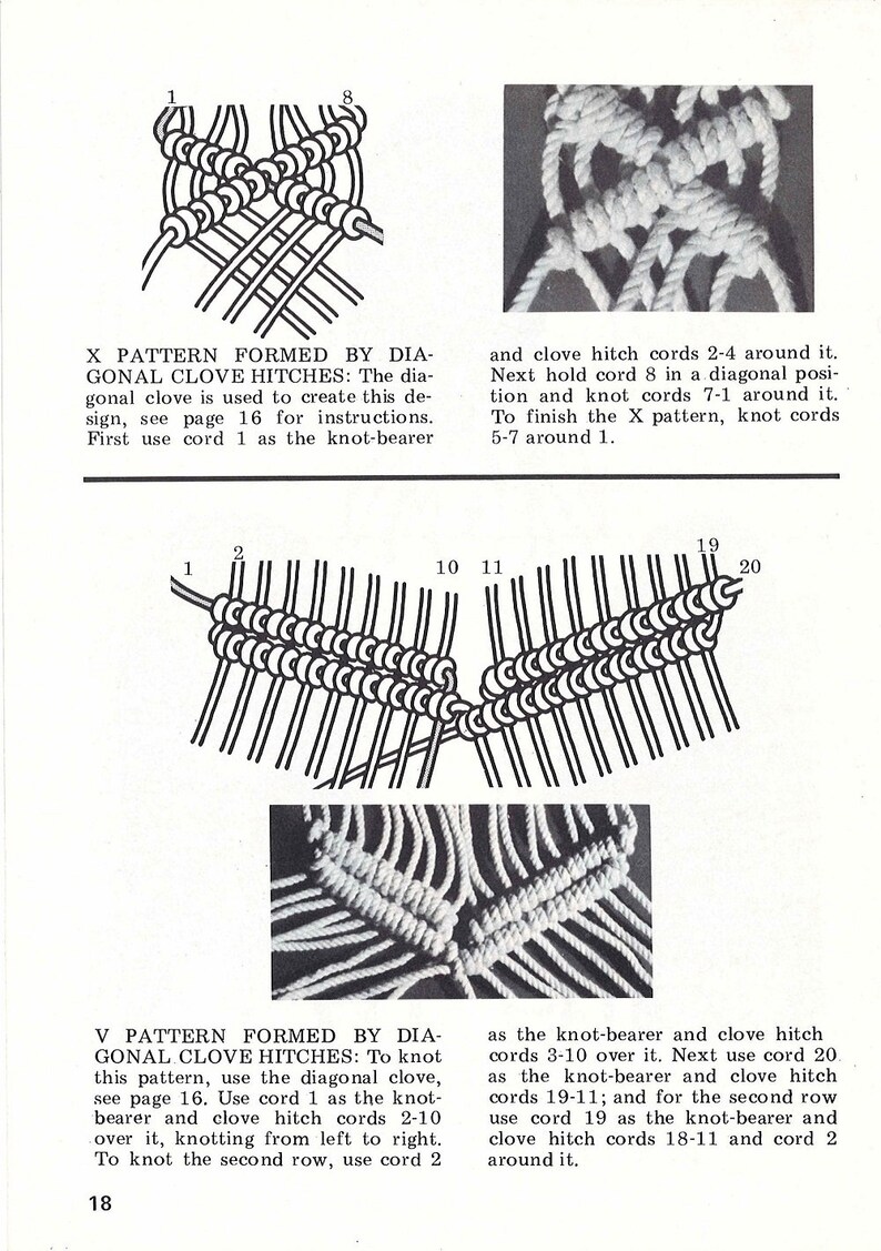 Pu&ograve; includere: Un'illustrazione in bianco e nero di uno schema di annodatura chiamato nodo a chiodo diagonale. L'illustrazione mostra come creare uno schema a X e uno schema a V usando la tecnica di annodatura. Il testo nell'immagine recita: "Schema a X formato da nodi a chiodo diagonali: Il nodo a chiodo diagonale viene utilizzato per creare questo schema, vedere pagina 16 per le istruzioni. Utilizzare prima il cordino 1 come portatore di nodi e i cordini di nodo a chiodo 2-4 attorno ad esso. Quindi, tenere il cordino 8 in una posizione diagonale e annodare i cordini 7-1 attorno ad esso. Per completare lo schema a X, annodare i cordini 5-7 attorno al cordino 1." e "Schema a V formato da nodi a chiodo diagonali: Per annodare questo schema, utilizzare il nodo a chiodo diagonale, vedere pagina 16. Utilizzare il cordino 1 come portatore di nodi e i cordini di nodo a chiodo 2-10 sopra di esso, annodando da sinistra a destra. Per annodare la seconda fila, utilizzare il cordino 2 come portatore di nodi e i cordini di nodo a chiodo 3-10 sopra di esso. Quindi, utilizzare il cordino 20 come portatore di nodi e i cordini di nodo a chiodo 19-11; e per la seconda fila, utilizzare il cordino 19 come portatore di nodi e i cordini di nodo a chiodo 18-11 e il cordino 2 attorno ad esso."