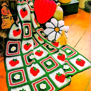 Vintage Crochet Afghan Pattern PDF • Strawberry Crochet Blanket Fruit Berry Daisy Flower Pillow Garden Throw Granny Square Digital Download