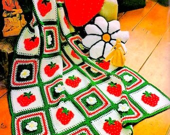 Vintage Crochet Afghan Pattern PDF • Strawberry Crochet Blanket Fruit Berry Daisy Flower Pillow Garden Throw Granny Square Digital Download