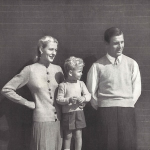 Family Sweater Set • 1940s Knitting Knit Cardigan Vest Pullover Top • 40s Vogue Vintage Pattern • Retro Women&#39;s Knit Digital PDF