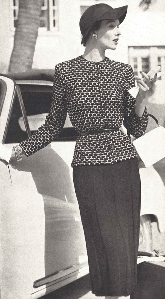 Queen Bee Suit 1950s Knitting Jacket Cardigan Sweater Skirt 