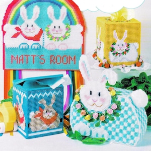 Vintage Plastic Canvas Pattern Book PDF • Easter Bunny Tissue Box Cover Plastic Canvas Pattern Tote Baby Girl Nursery Toy Pink Blue Rabbit