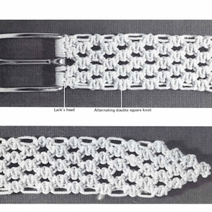 May include: A white cord belt with a silver buckle. The belt is made with a series of alternating double square knots. The belt is shown in two images, one with the buckle and one without.