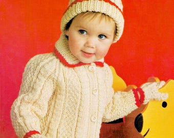 Vintage Baby Cardigan Knitting Pattern PDF • 9, 12, 18 Months Toddler • Cabled Sweater Mittens Hat