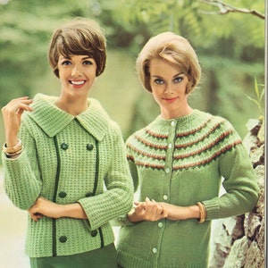 Spring Buds • 1960s Green Pullover Cardigan Sweater Patterns • 60s Vintage Ribbed Color Knitting Jacket Jumper Pattern • Retro Knit PDF