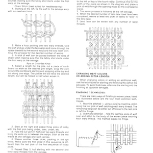 May include: Black and white line drawing illustration showing different weaving techniques, including chain stitch, leno lace, rya knot, and finishing techniques. The illustration includes text describing each technique.