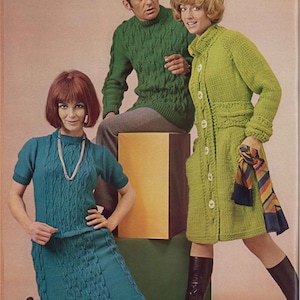 Blue Green Buckle • 1960s Sweater Dress Coat Patterns • 60s Vintage Men&#39;s Women&#39;s Knitting Pattern • Retro Knit PDF
