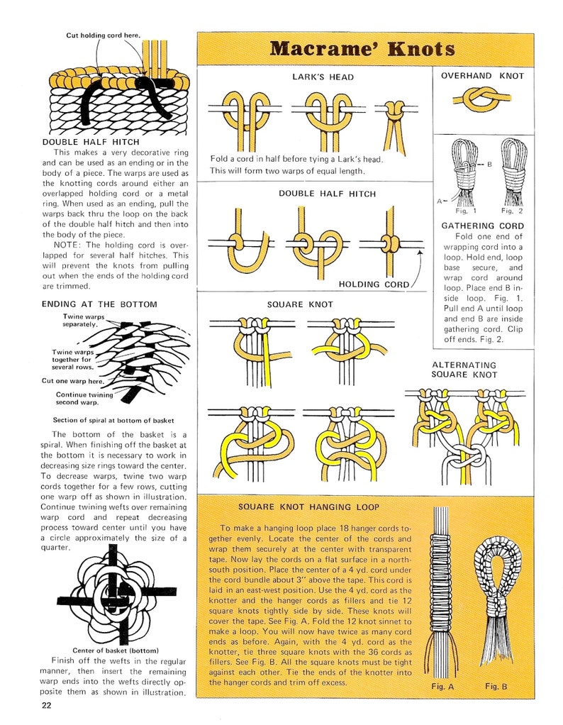 May include: Diagram of macrame knots, including Lark's Head, Double Half Hitch, Square Knot, and Overhand Knot. Instructions and illustrations show how to create various knots for crafts. Includes a diagram for a basket bottom.