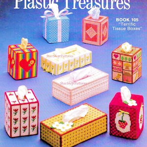Vintage Plastic Canvas Pattern Book PDF • Plastic Canvas Tissue Box Cover Pattern • Gift Box Strawberry Flower Tulip Heart Home Present Bird