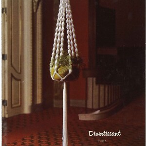 Peut inclure: Un porte-plante en macram&eacute; blanc avec une plante verte dans un pot jaune. Le porte-plante a un long pompon et est suspendu &agrave; un crochet de plafond. Le texte "Divertissant Page 8" est visible en bas de l'image.